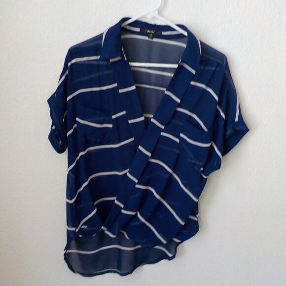 Papaya Blue Stripes Wrap Top Blouse High Low Hem Women size Medium Sheer Coastal - Picture 3 of 10